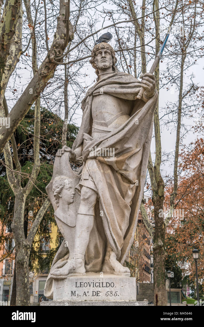 Madrid, Spain - January 4, 2018 : Limestone statue of Visigoth King Leovigildo (Liuvigild, Leuvigild or Leovigild). Located in the Plaza de Oriente sq Stock Photo