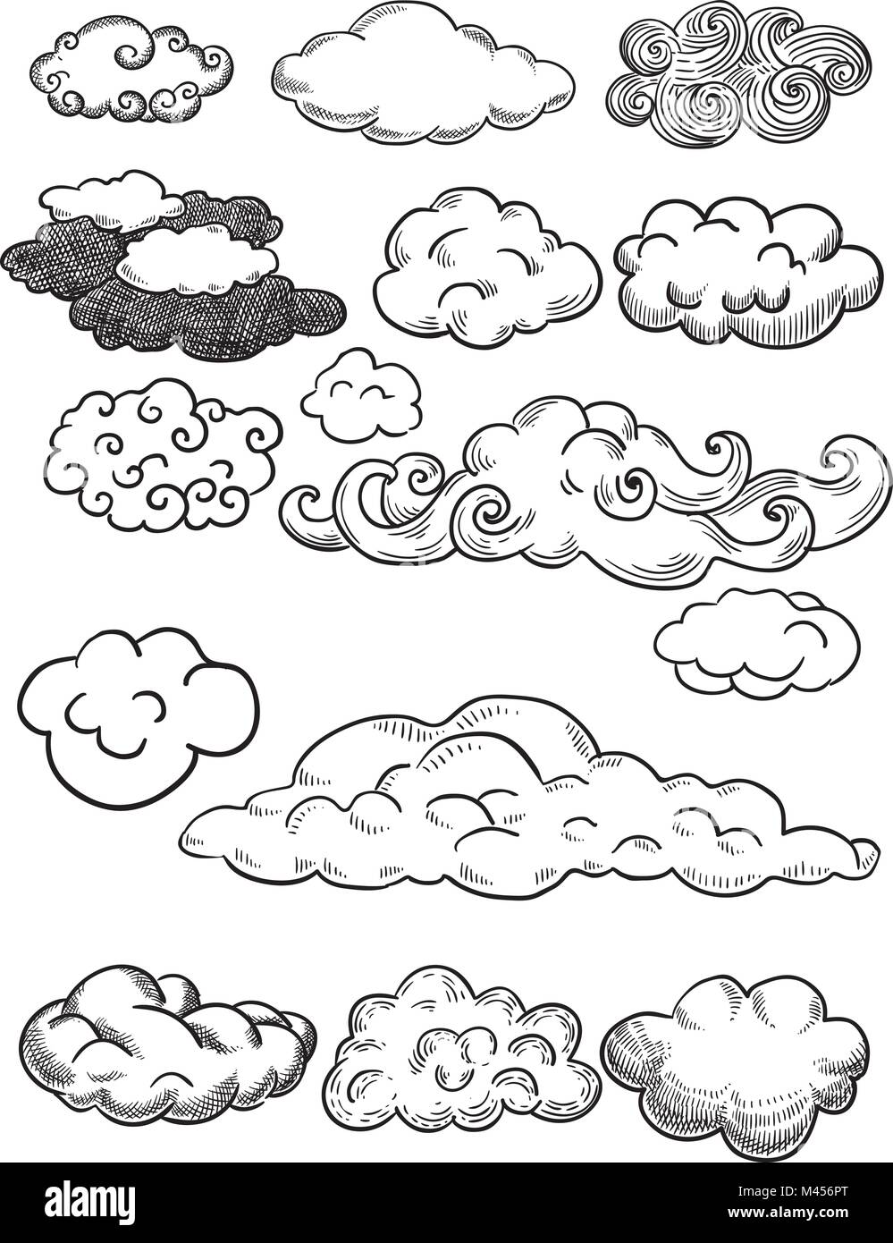 Creative conceptual vector. Sketch hand drawn clouds illustration, engraving, ink, line art, vector. Stock Vector