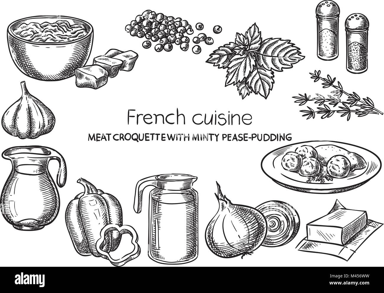 Meat Croquette with Minty Pease-Pudding. Creative conceptual vector. Sketch hand drawn french food recipe illustration, engraving, ink, line art, vect Stock Vector