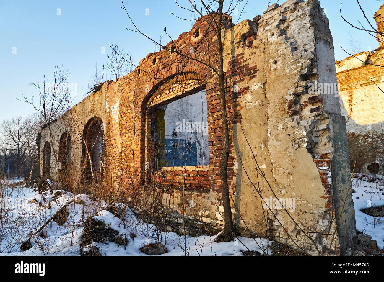 Ruin of an old building, wall of a demolished old building Stock Photo