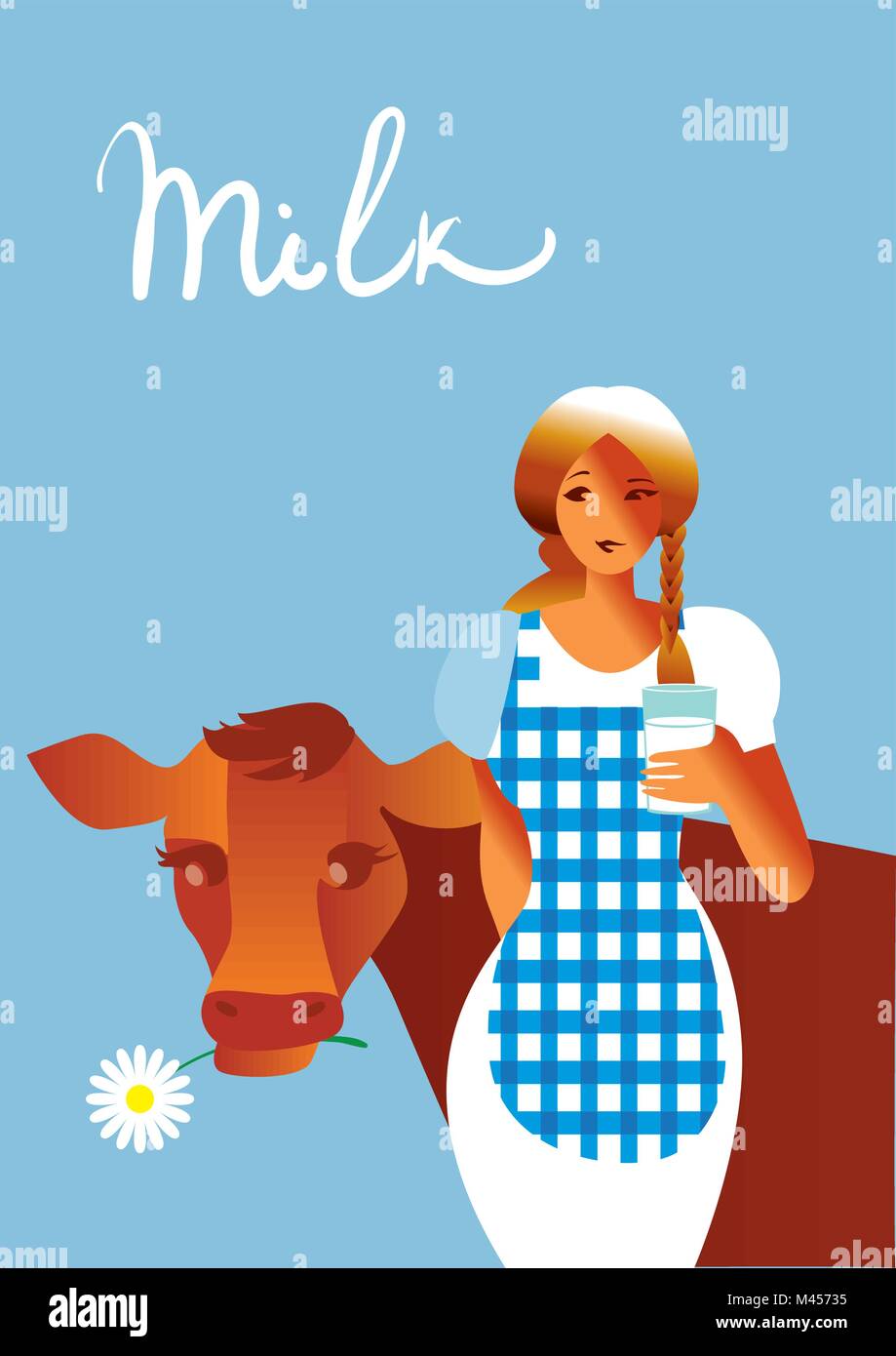 Creative conceptual vector. Woman standing near the cow, holding a glass of milk. Stock Vector