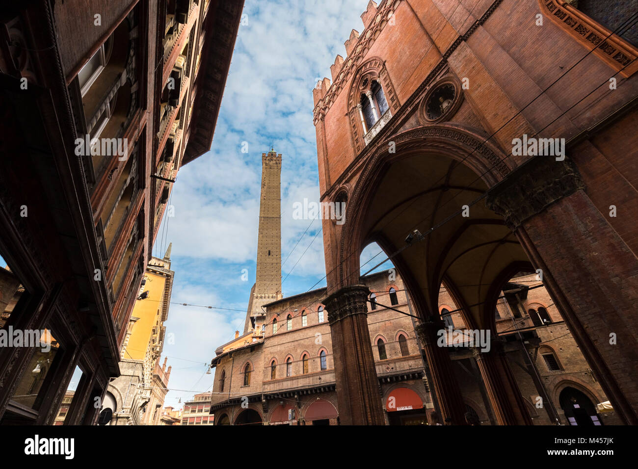 View of the Torre degli Asinelli from Piazza della Mercanzia square. Bologna, Emilia Romagna, Italy. Stock Photo