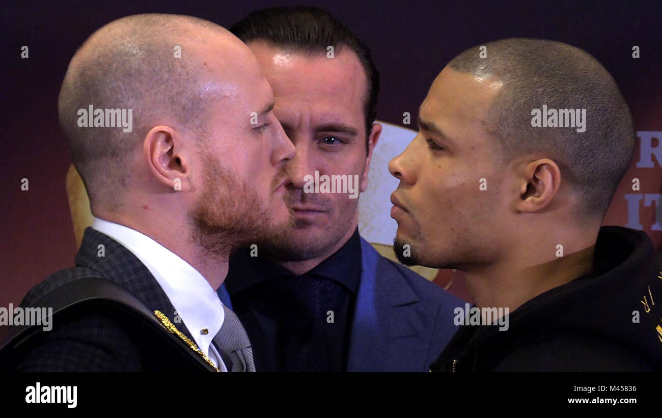 George Groves (left) and Chris Eubank jr go head to head during a press conference at The Crowne Plaza Hotel, Manchester. Stock Photo
