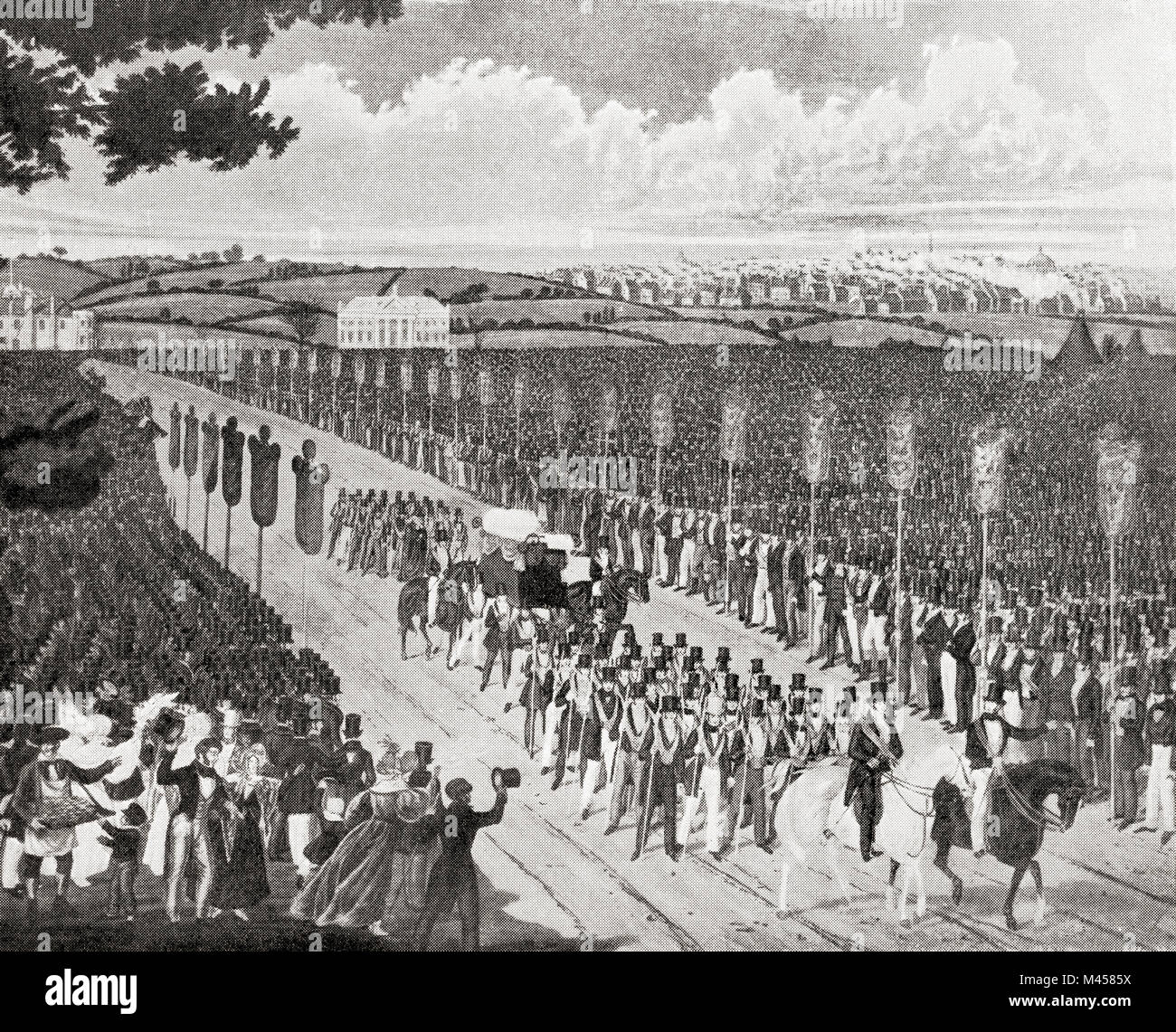 Demonstration at Copenhagen Fields, London, England 21 April 1834 in protest against the deportation of the Tolpuddle Martyrs.  The Tolpuddle Martyrs, a group of 19th-century Dorset agricultural labourers who were arrested for and convicted of swearing a secret oath as members of the Friendly Society of Agricultural Labourers, they were sentenced to penal transportation to Australia and Tasmania.  From The Martyrs of Tolpuddle, published 1934. Stock Photo