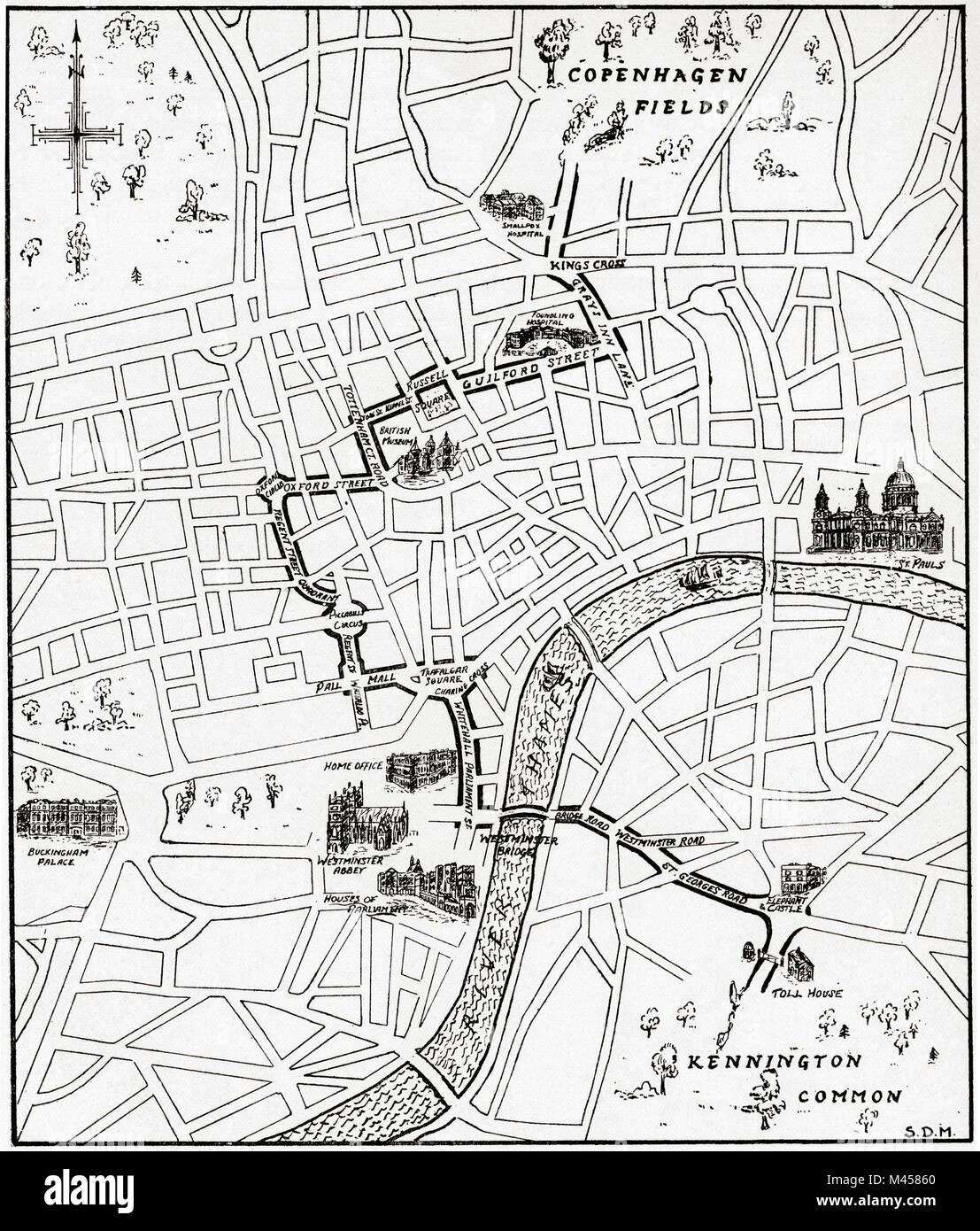 Map showing the route of the demonstration at Copenhagen Fields, London, England 21 April 1834 in protest against the deportation of the Tolpuddle Martyrs.  The Tolpuddle Martyrs, a group of 19th-century Dorset agricultural labourers who were arrested for and convicted of swearing a secret oath as members of the Friendly Society of Agricultural Labourers, they were sentenced to penal transportation to Australia and Tasmania.  From The Martyrs of Tolpuddle, published 1934. From The Martyrs of Tolpuddle, published 1934. Stock Photo