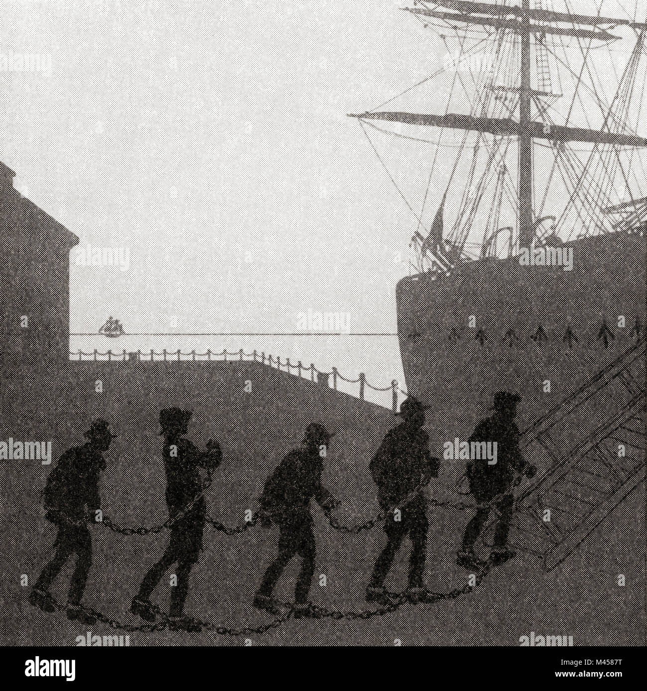 A group of chained prisoners boarding a prison ship in the 19th century.  From The Martyrs of Tolpuddle, published 1934. Stock Photo