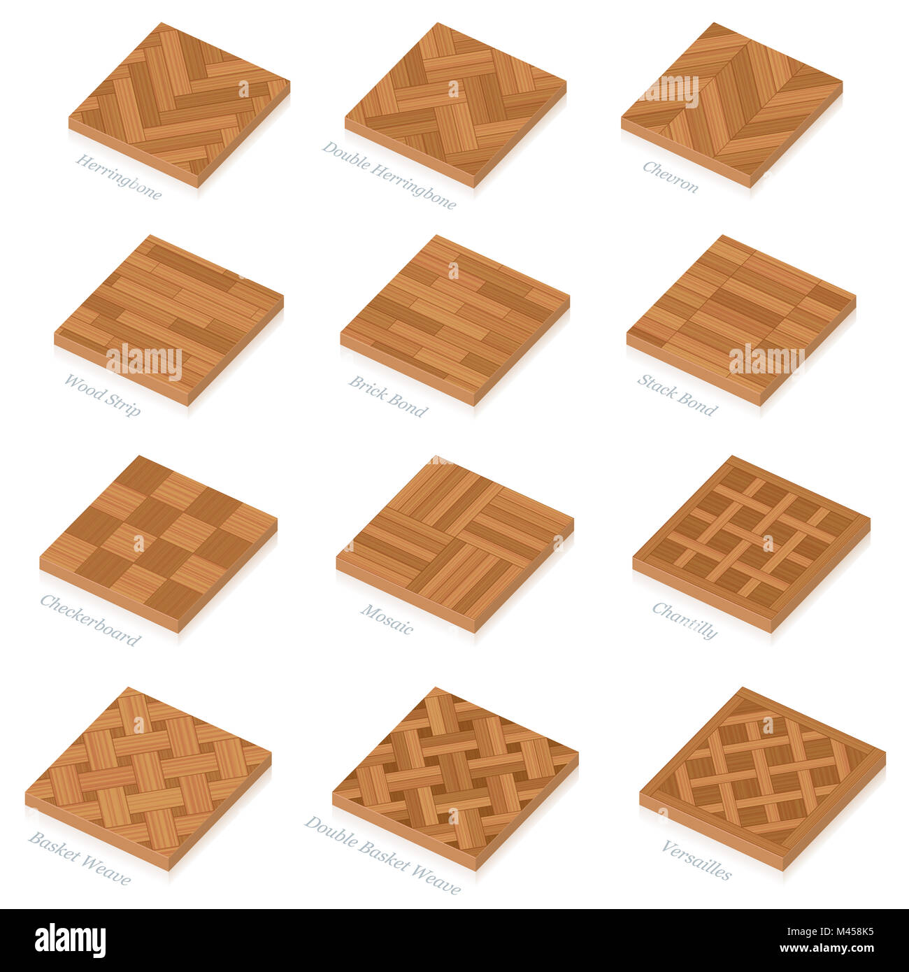 Parquetry. Three-dimensional wooden floor plates. Most popular wood flooring parquets with names - 3D illustration on white background Stock Photo