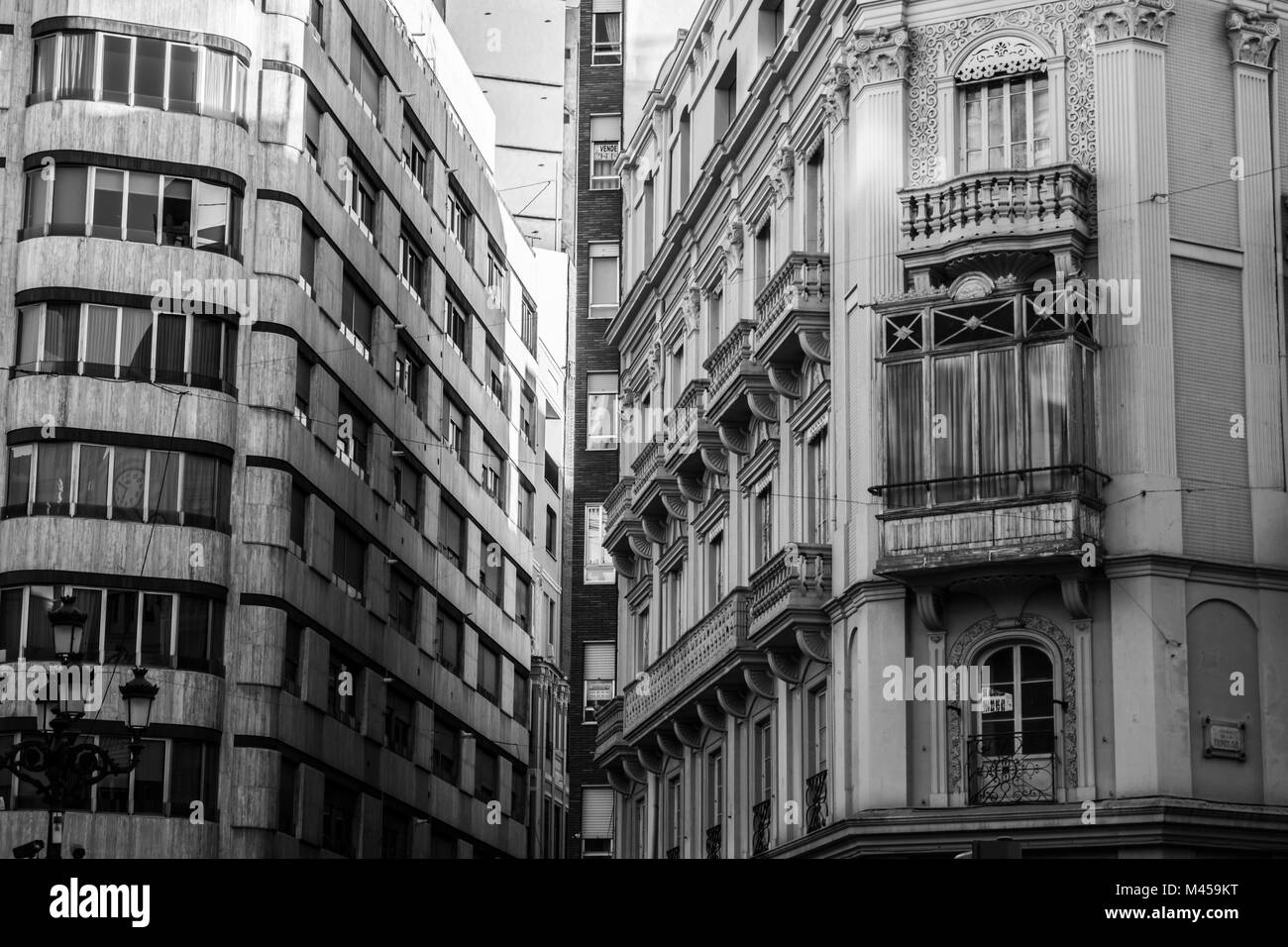 Detail facade building black and white view,Castellon,Spain. Stock Photo