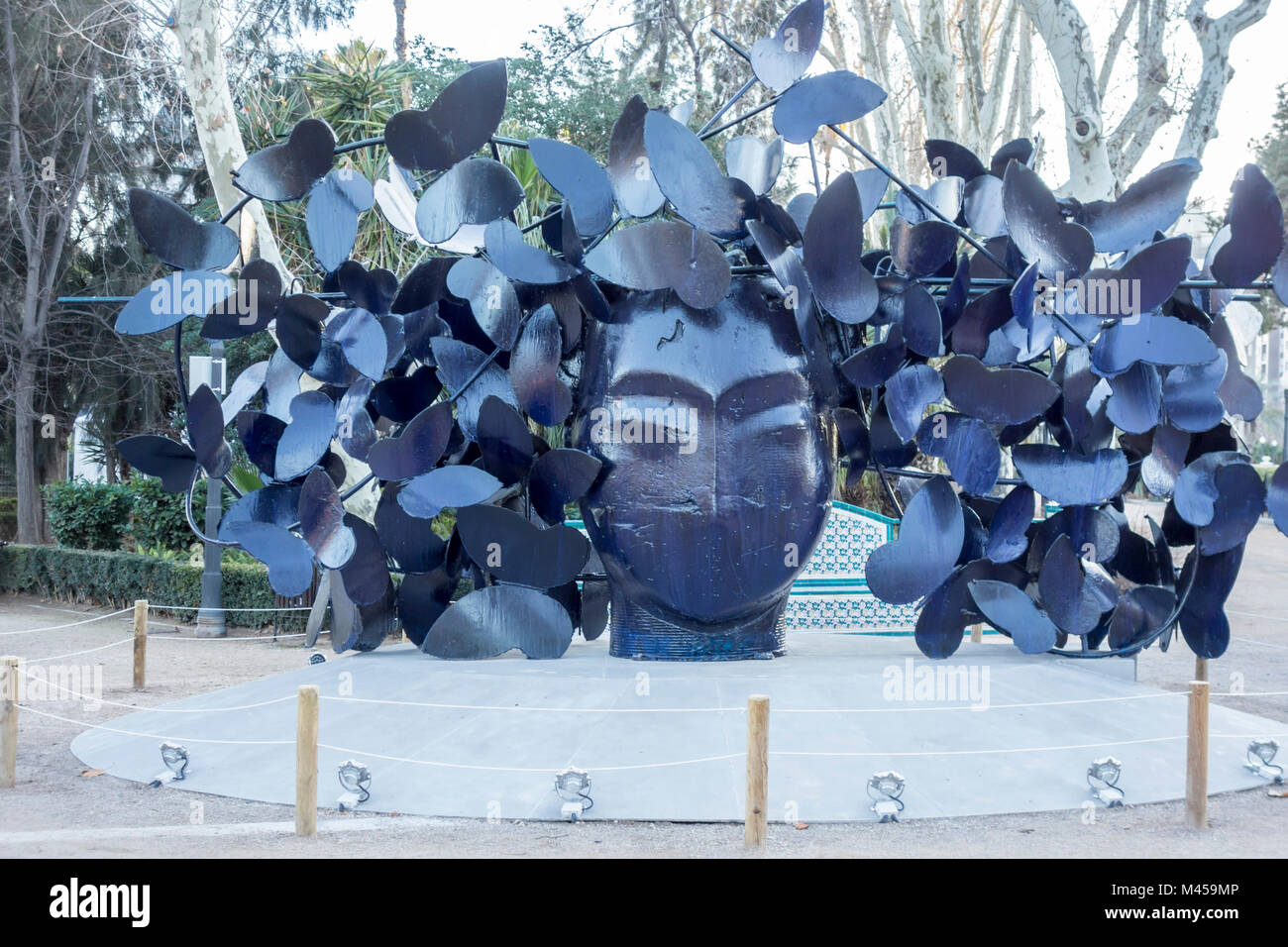 Park, Parque Ribalta, public garden city center,sculpture Butterflies by artist Manolo Valdes.Castellon,Spain. Stock Photo
