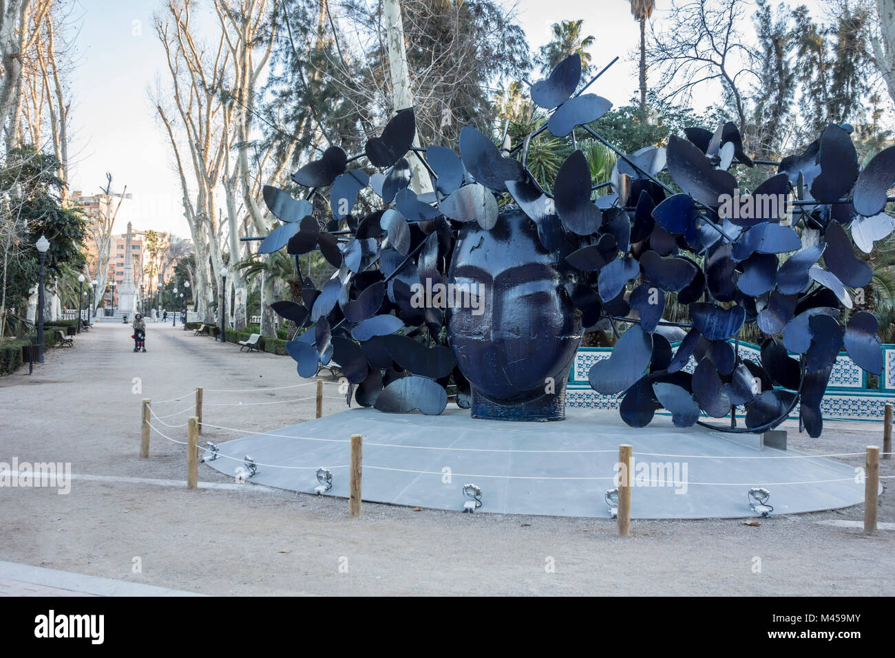 Park, Parque Ribalta, public garden city center,sculpture Butterflies by artist Manolo Valdes.Castellon,Spain. Stock Photo