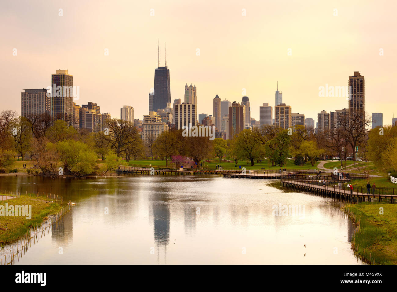 Chicago, Illinois, United States - Downtown skyline and South Pond at Lincoln Park. Stock Photo
