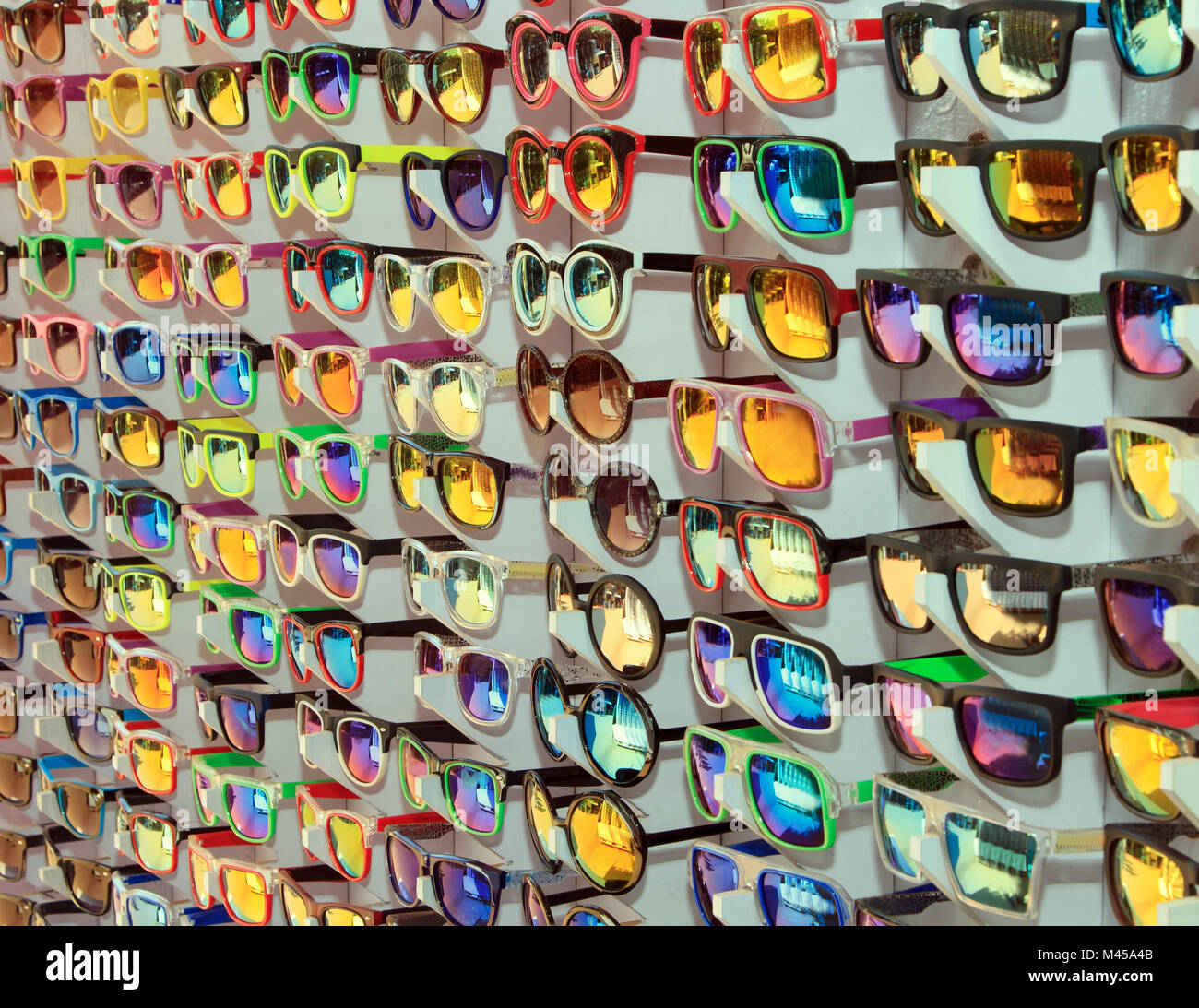 Many different sunglasses at the sale Stock Photo