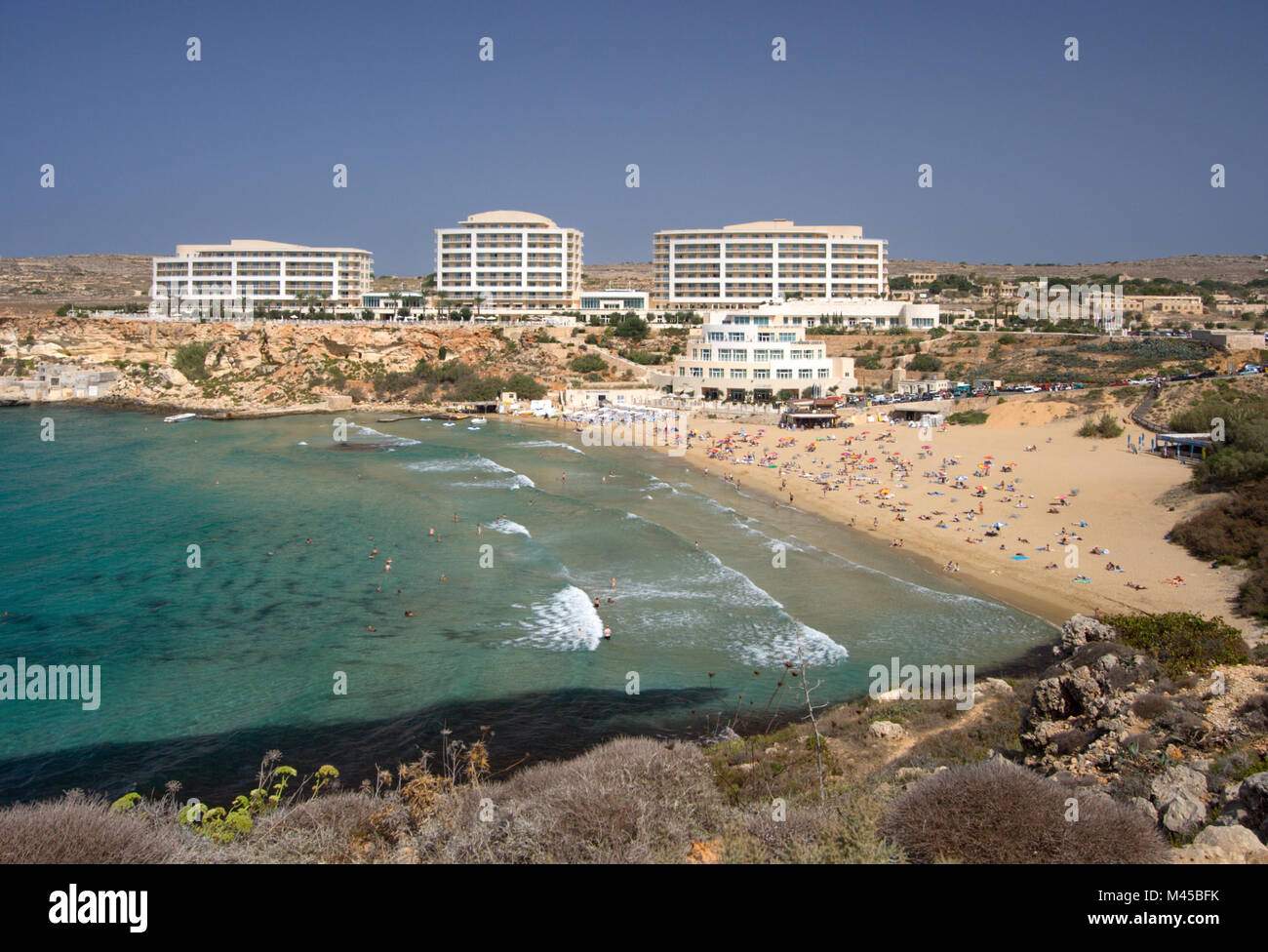 The most beautiful and famous beach of Malta, Golden Bay Stock Photo ...