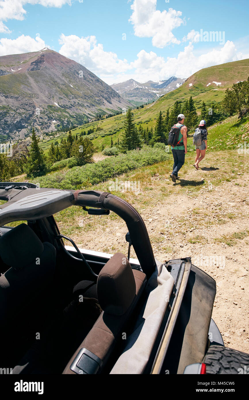 Road trip couple hiking in Rocky Mountains, Breckenridge, Colorado, USA Stock Photo