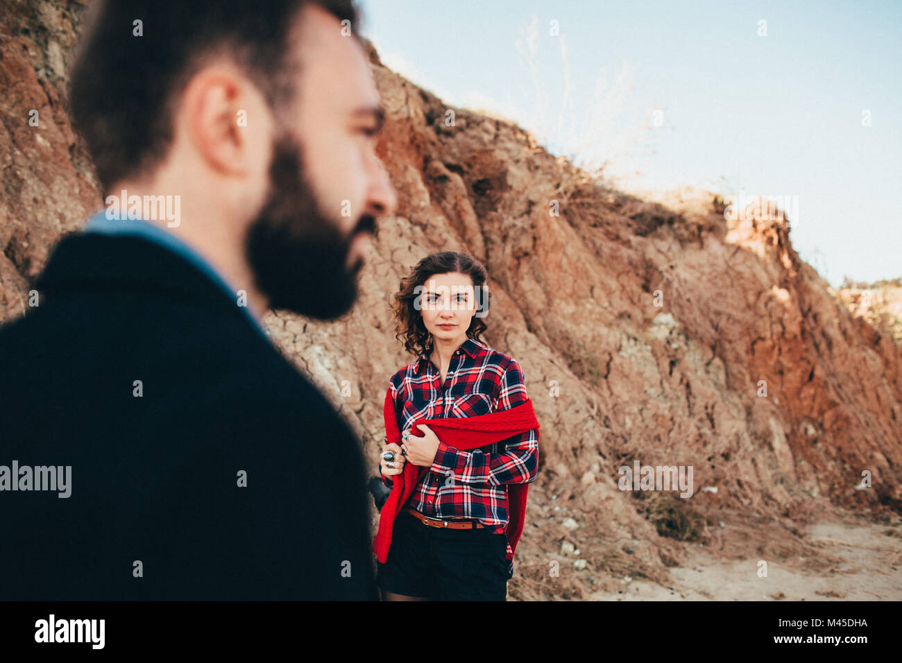 Mid adult woman looking at boyfriend on beach, Odessa Oblast, Ukraine Stock Photo