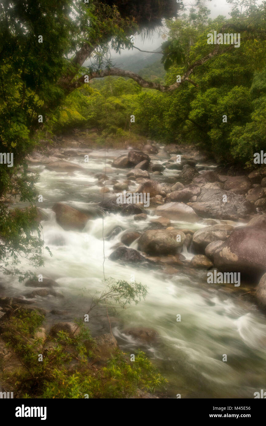 Mossman river at Mossman Gorge,  located in the Daintree National Park -  North Queensland - Australia  rushing towards Trinity Bay and the Coral Sea Stock Photo