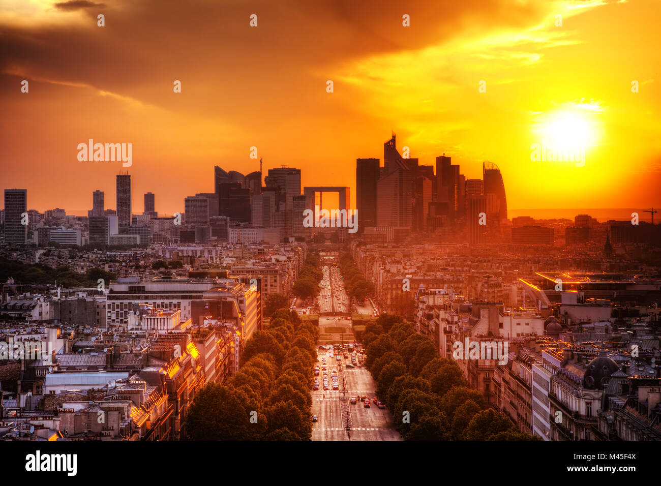 La Defense and Champs-Elysees at sunset in Paris, France. Stock Photo