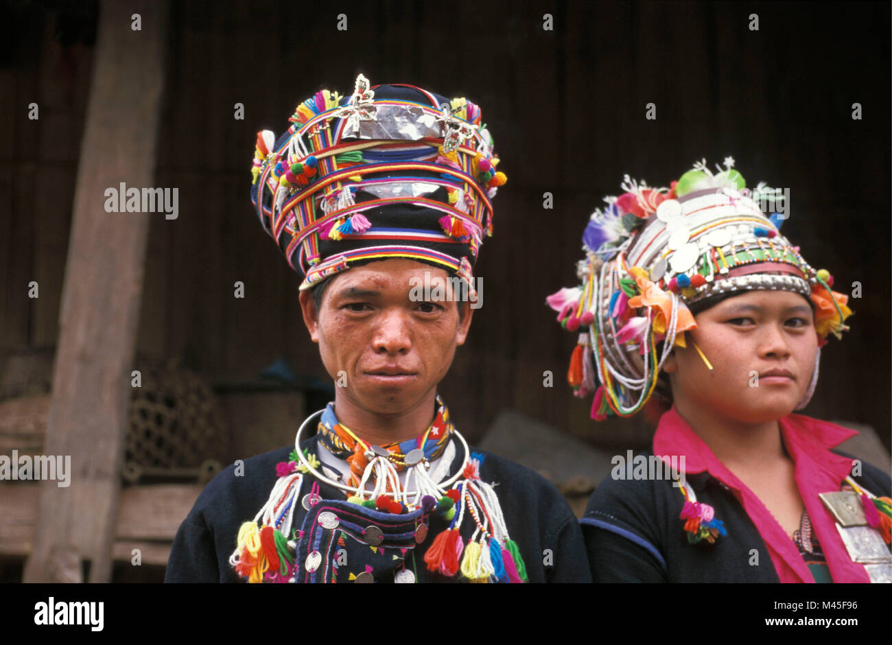 Laos. Luang Namtha (near Muang Sing). Couple dressed for marriage, bride and groom. Hakha or Akha hill tribe. Portrait. Stock Photo