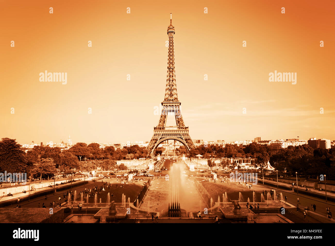 Eiffel Tower seen from fountain at Jardins du Trocadero Stock Photo