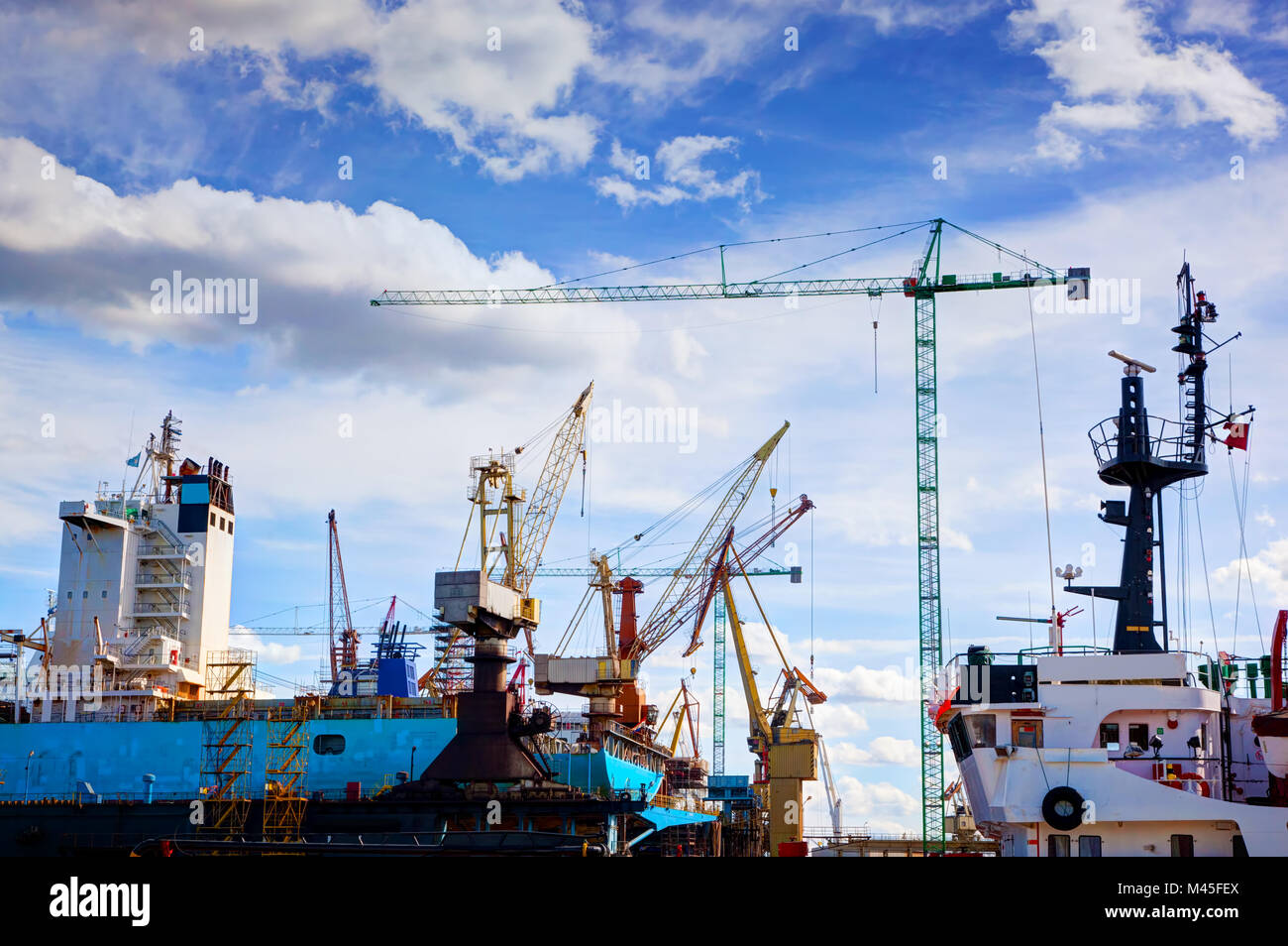 Shipyard. Ship under construction, repair. Industrial, transport. Stock Photo