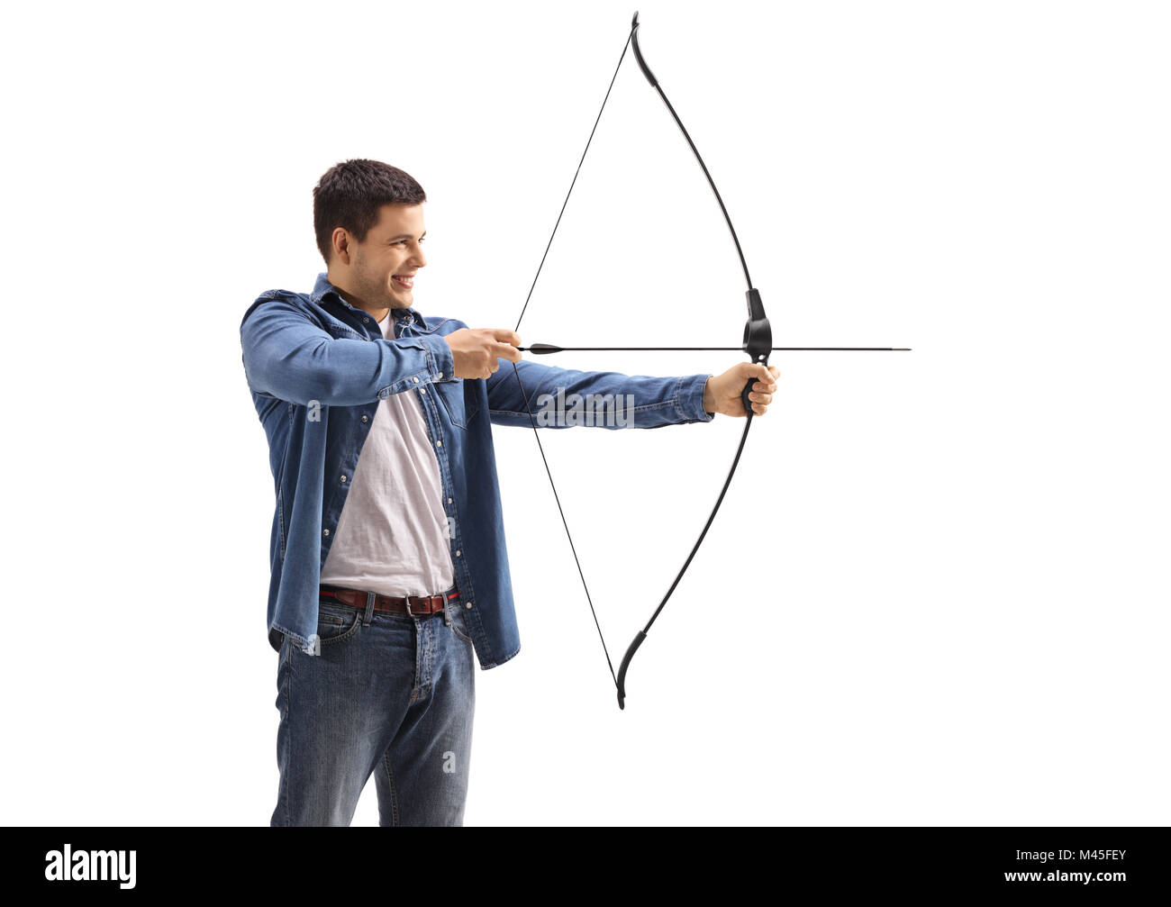 Young man aiming with a bow and arrow isolated on white background Stock Photo