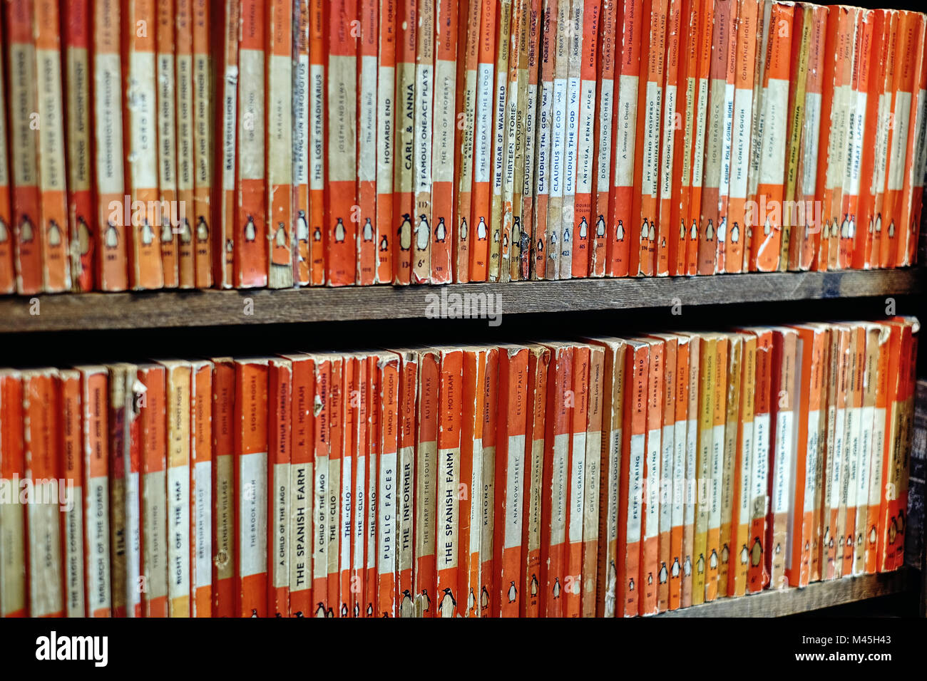 Penguin books for sale in a second-hand bookshop Stock Photo
