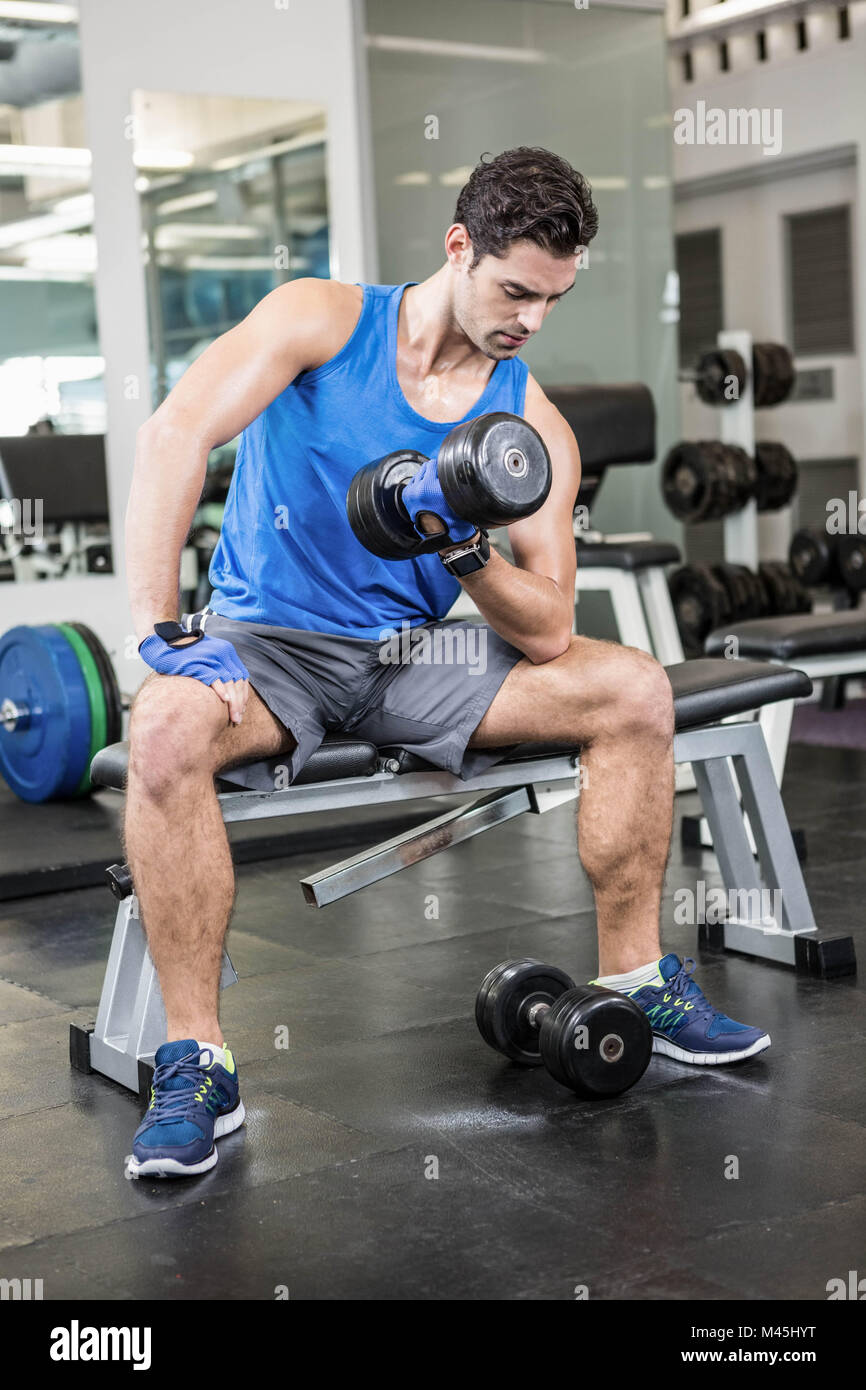 Muscular man lifting dumbbell while sitting on bench Stock Photo Alamy