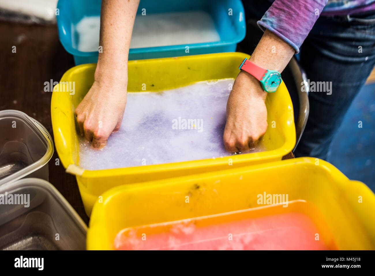 Paper making workshop in classroom. Stock Photo