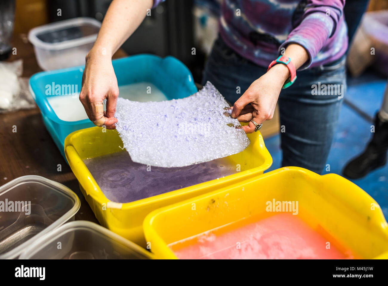 Paper making workshop in classroom. Stock Photo
