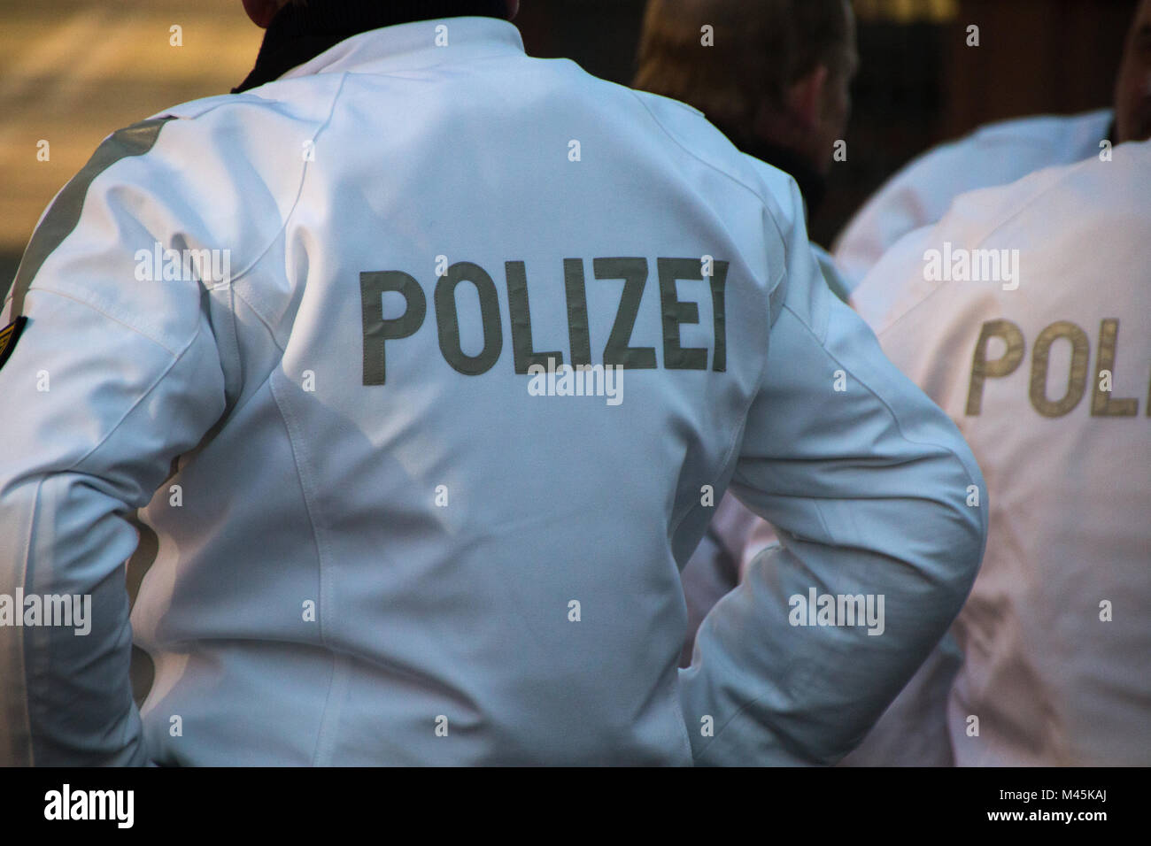 Magdeburg, Germany - February 14,2018: Leather jacket of a motorcycle  policeman with the German word for police Stock Photo - Alamy