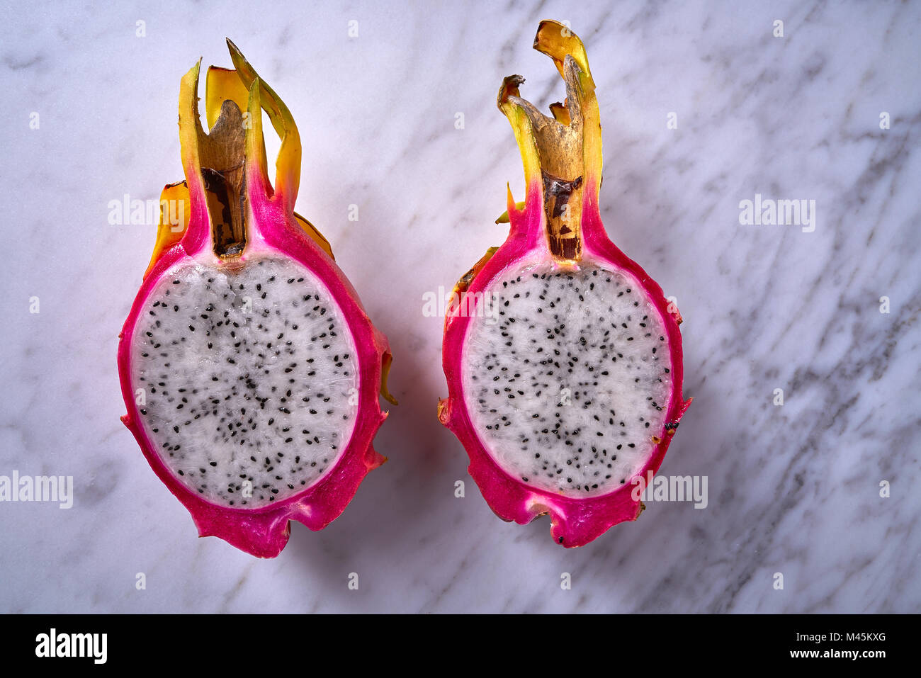 Pitaya dragon fruit pitahaya macro detail indoor texture on white marble Stock Photo
