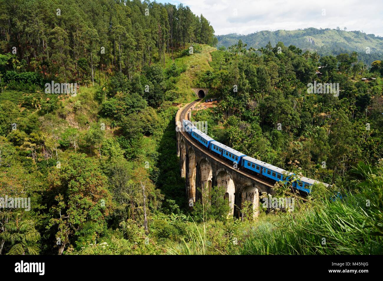 Train on the Nine Arches Bridge in the highlands near Ella,Sri Lanka Stock Photo