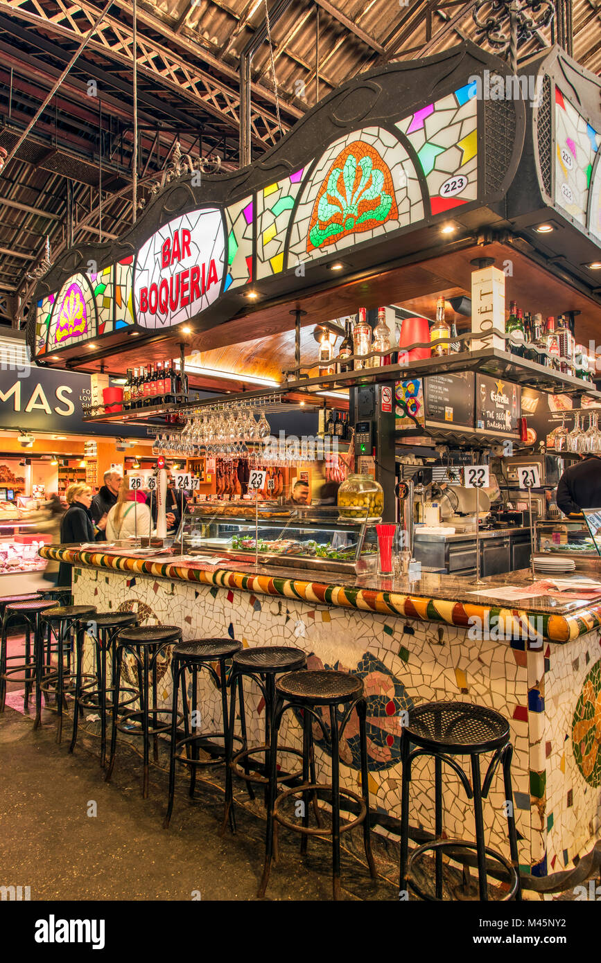 Tapas bar, Boqueria market, Barcelona, catalonia, Spain Stock Photo