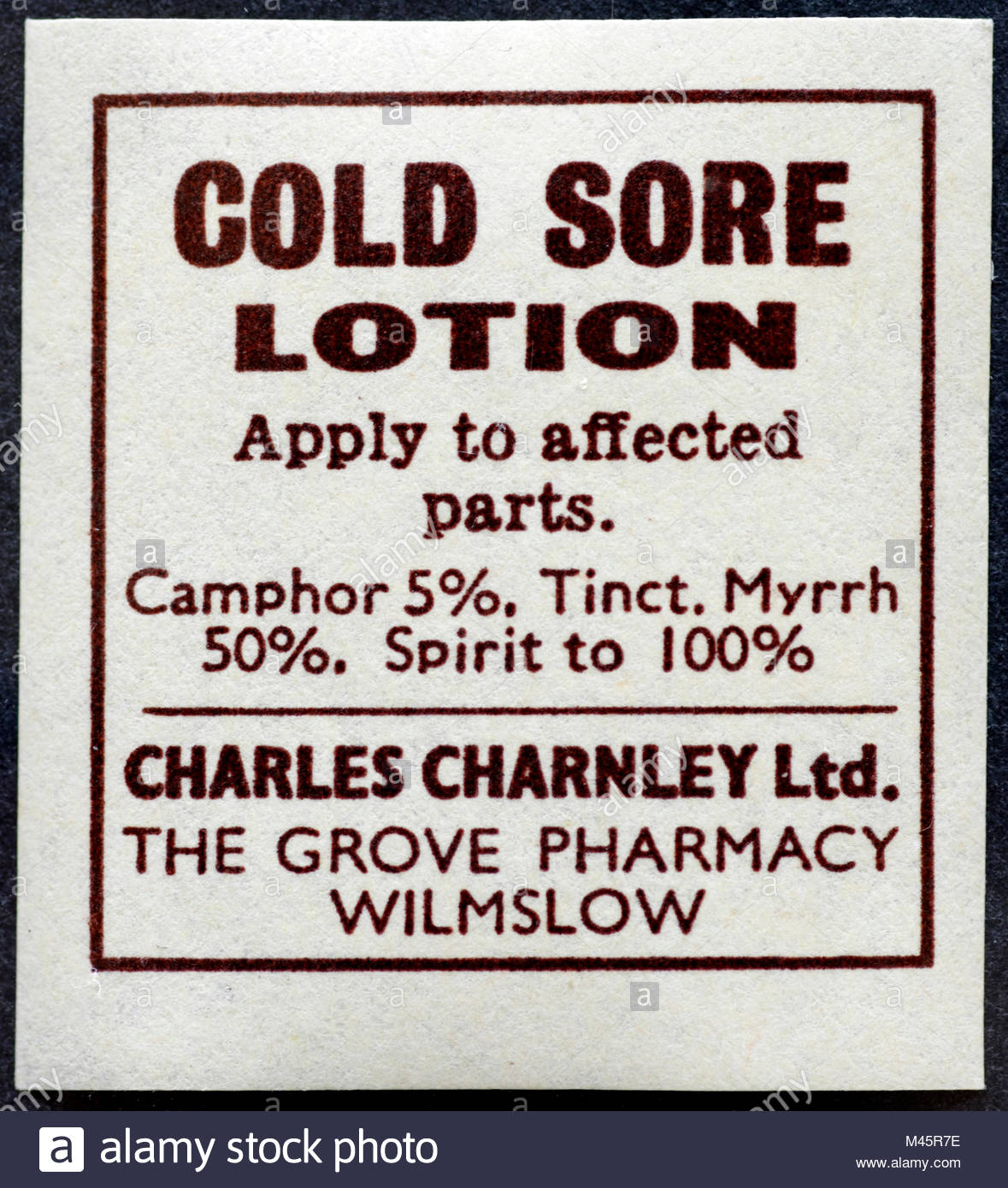 Vintage Chemist labels for Medicine bottles early 1900s - Cold Sore Lotion Stock Photo