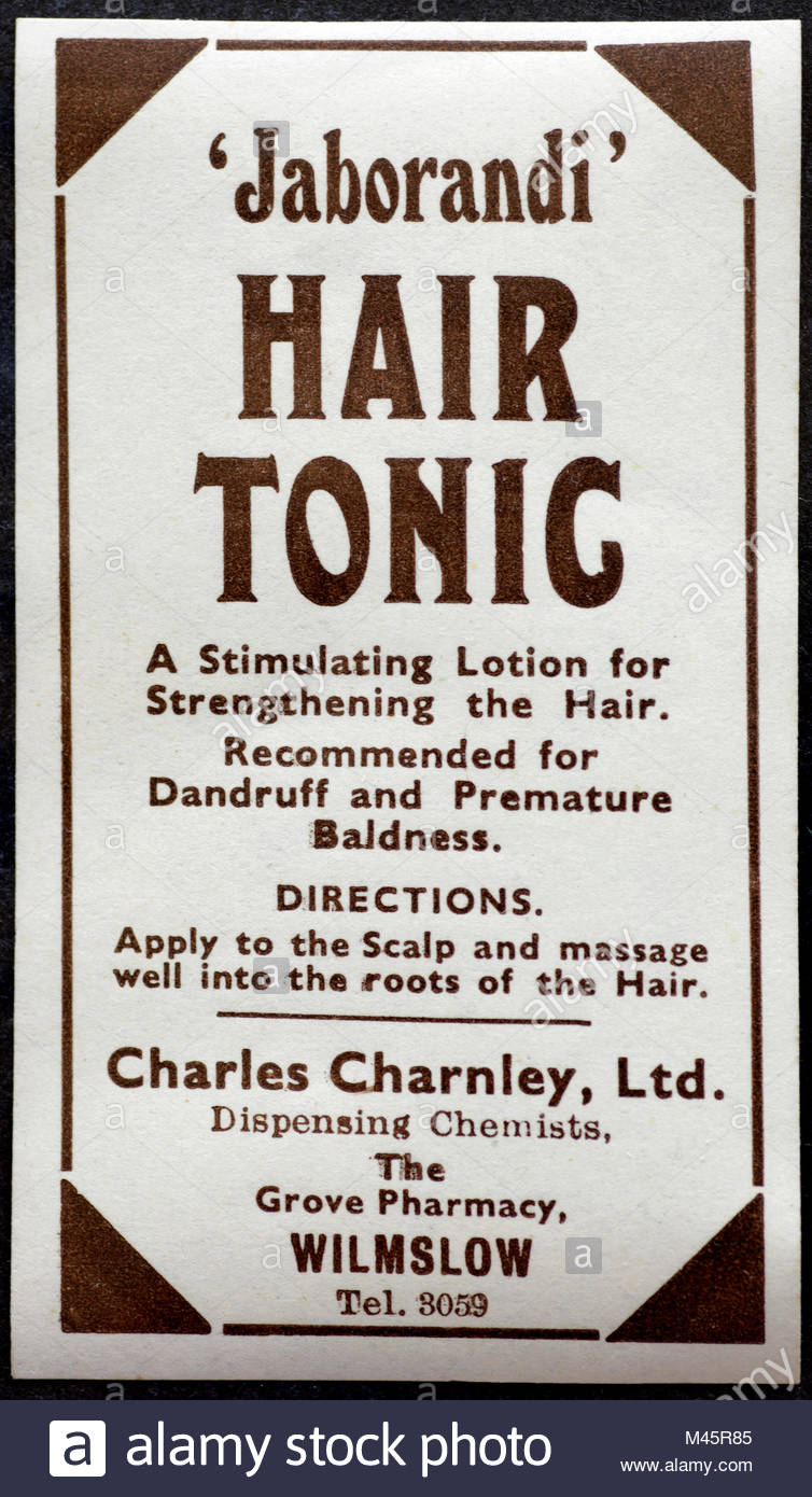 Vintage Chemist labels for Medicine bottles early 1900s - Jaborandi Hair tonic Stock Photo
