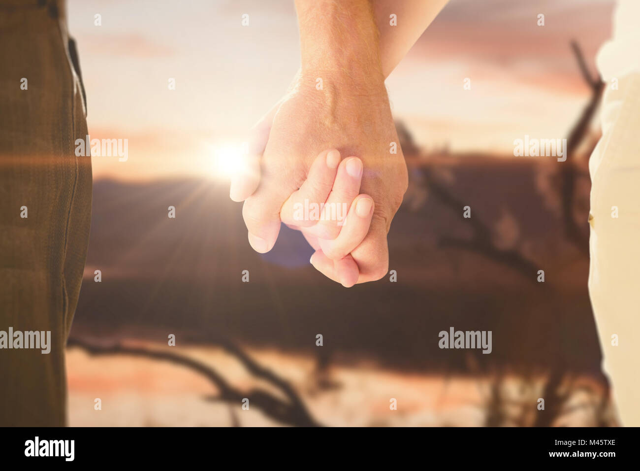 Composite image of happy senior couple holding hands Stock Photo