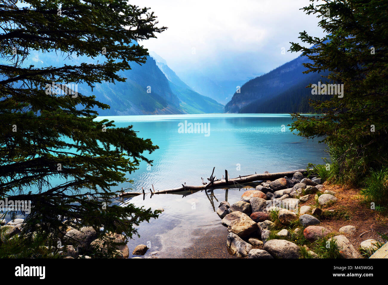 Lake Louise, tourist attraction in Banff, Canadian Rockies, Stock Photo