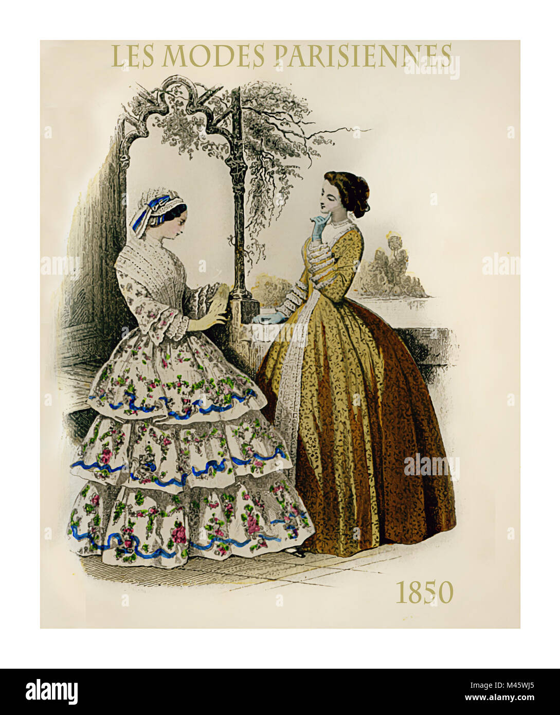 1850 vintage fashion, French magazine Les Modes Parisiennes presents two ladies chatting leisurely outdoors with fancy cloths and hairdressing Stock Photo