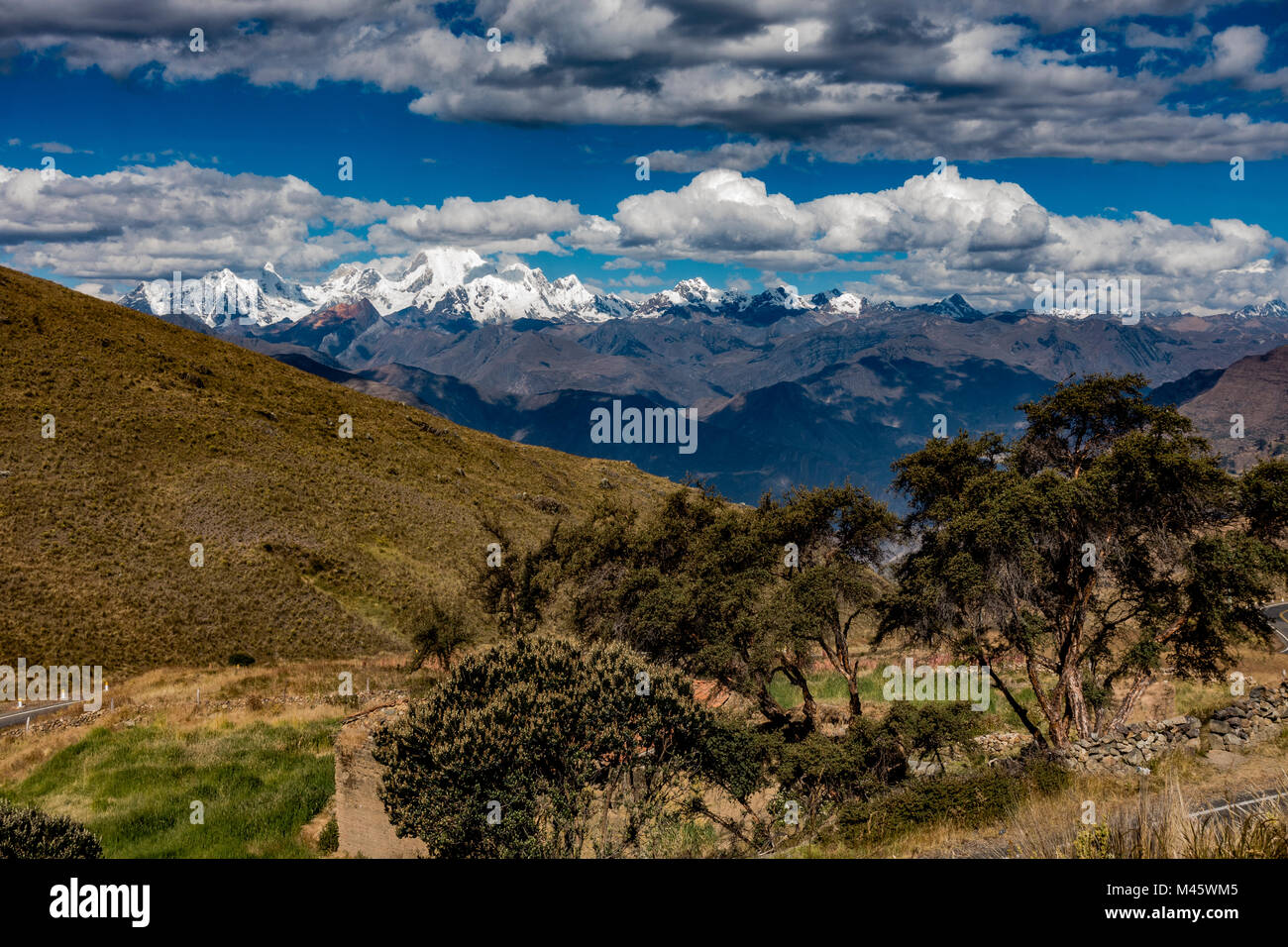 A far off view of the Cordillera Huaywash in Peru, South America. Stock Photo