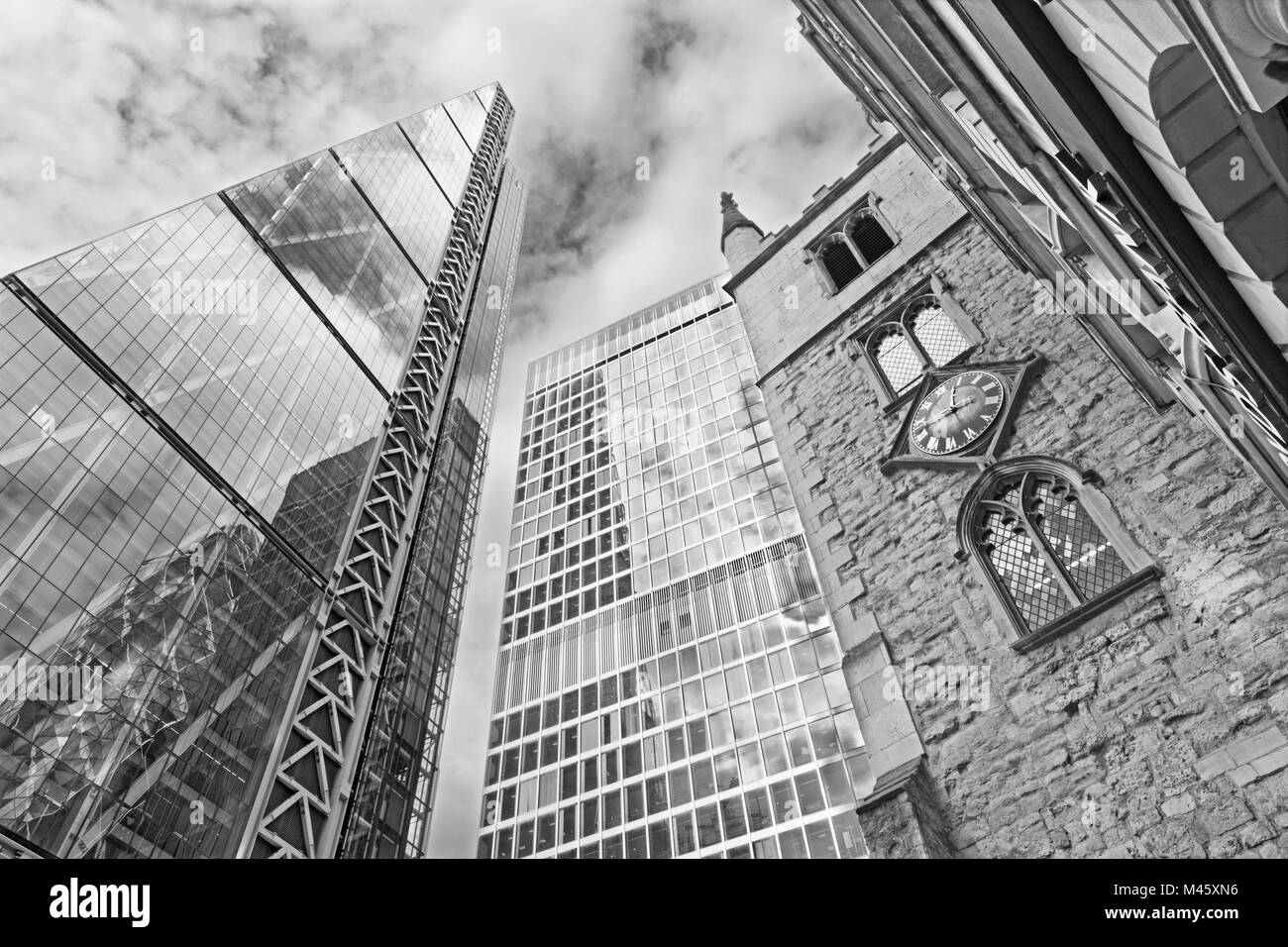 LONDON, GREAT BRITAIN - SEPTEMBER 14, 2017: The Leadenhall Building and Aviva building and tower of church St. Andrew Undershaft. Stock Photo