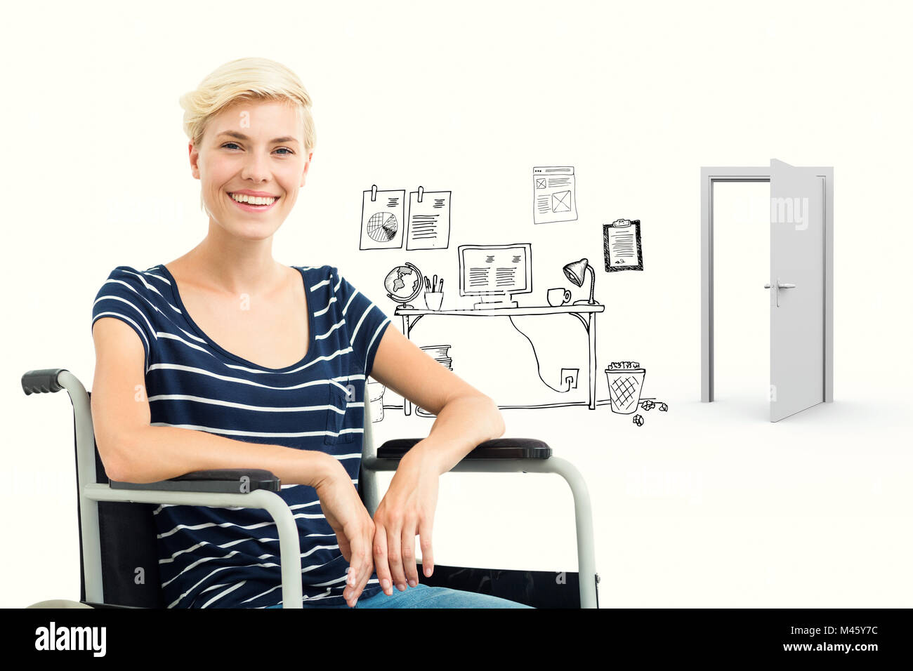 Composite image of smiling woman in a wheelchair Stock Photo - Alamy