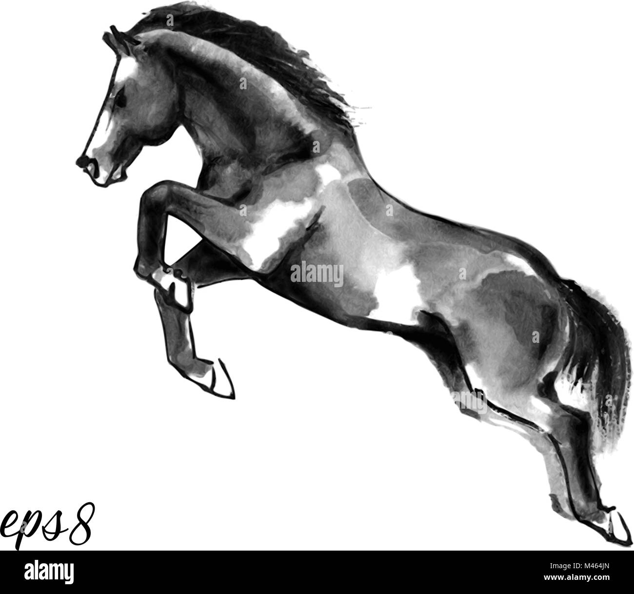 Sumi-e vector illustration of a horse leaping, moving to the left. Oriental ink painting, isolated on white background. Stock Vector