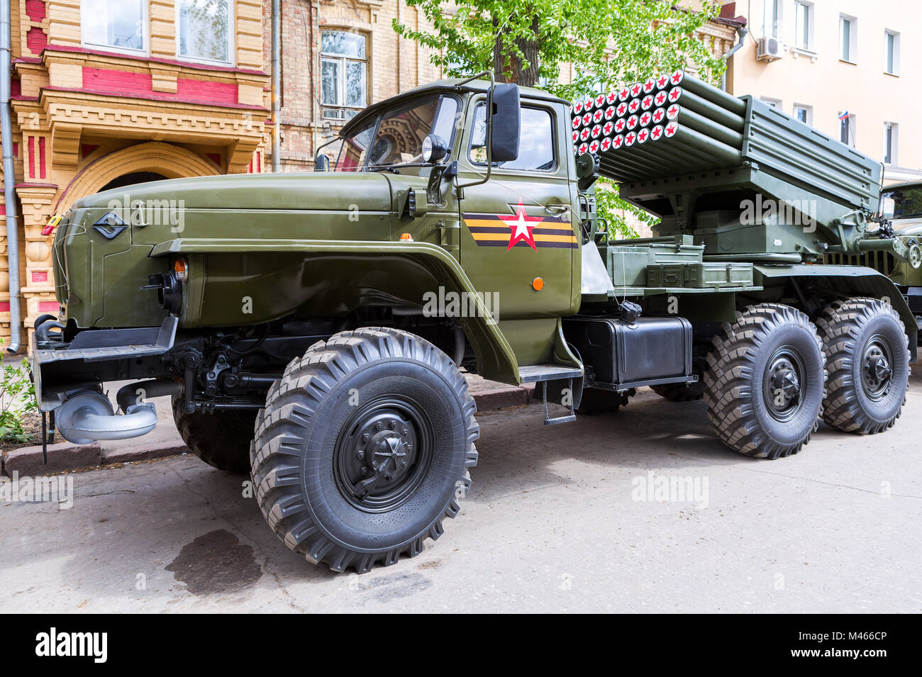 Samara, Russia - May 6, 2017: BM-21 Grad 122-mm Multiple Rocket Launcher (Katyusha) on Ural-375D chassis at the city street before the parade Stock Photo