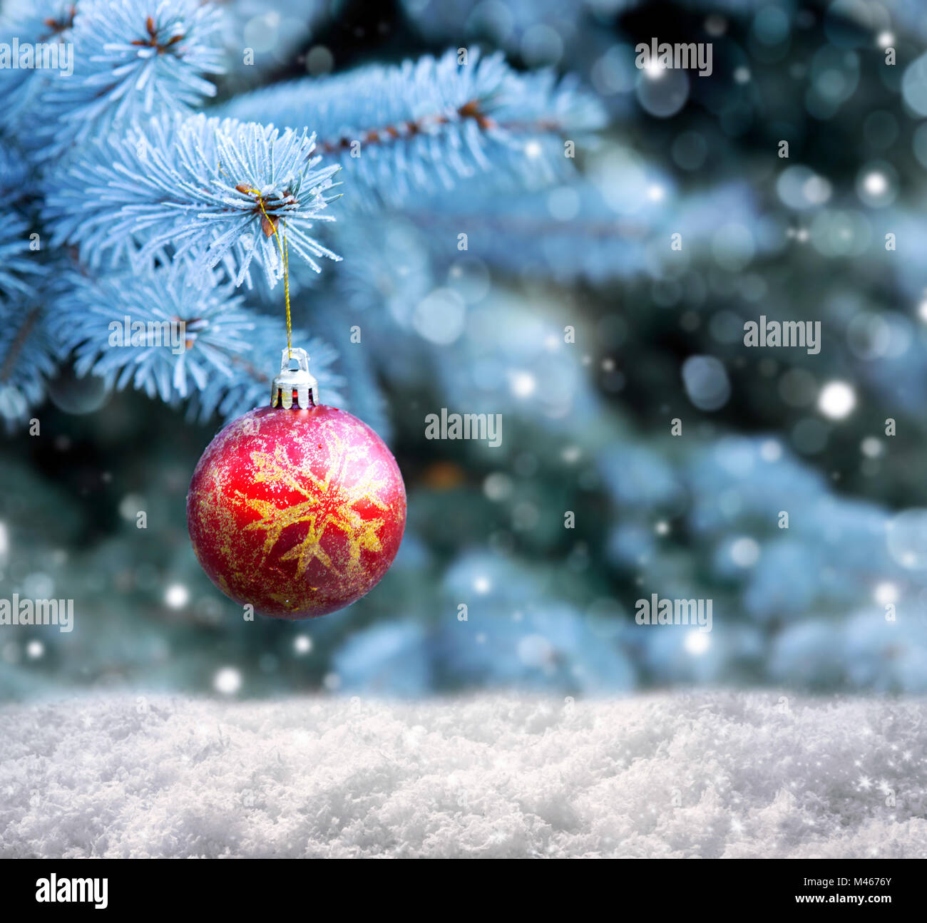 Red Christmas Ball on the Fir Branch Covered with Snow Stock Photo - Alamy