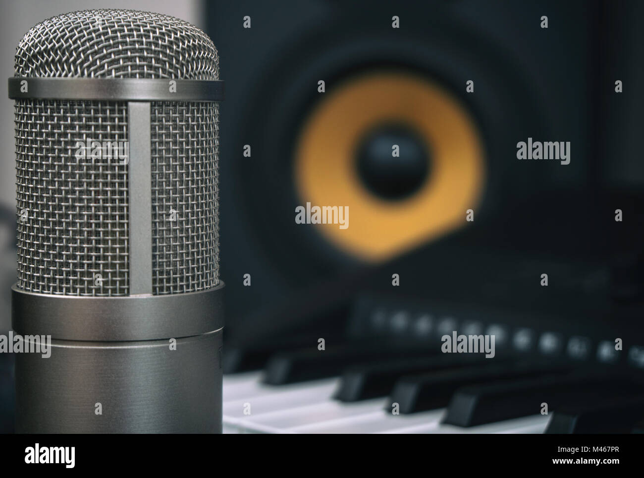 Professional studio monitor and condenser microphone. Concept of home music studio. Stock Photo