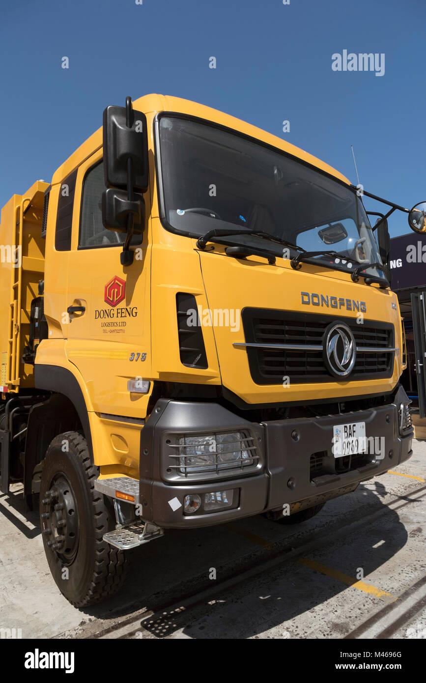 A Dongfeng KR truck manufactured in China and bound for Zambia on the harbour in Cape Town South Africa. December 2017 Stock Photo