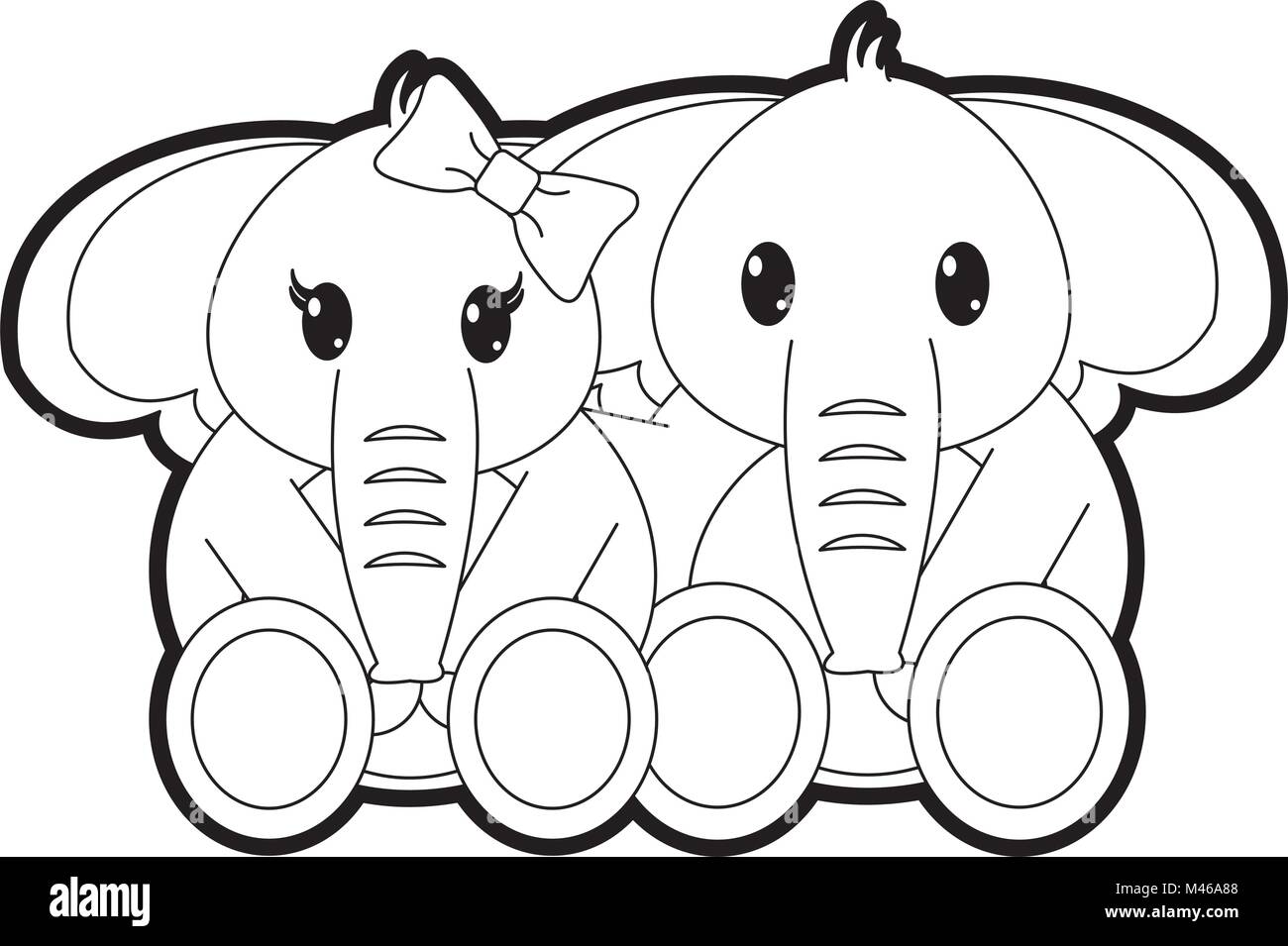Outline Couple Elephant Cute Animal Together Stock Vector Art