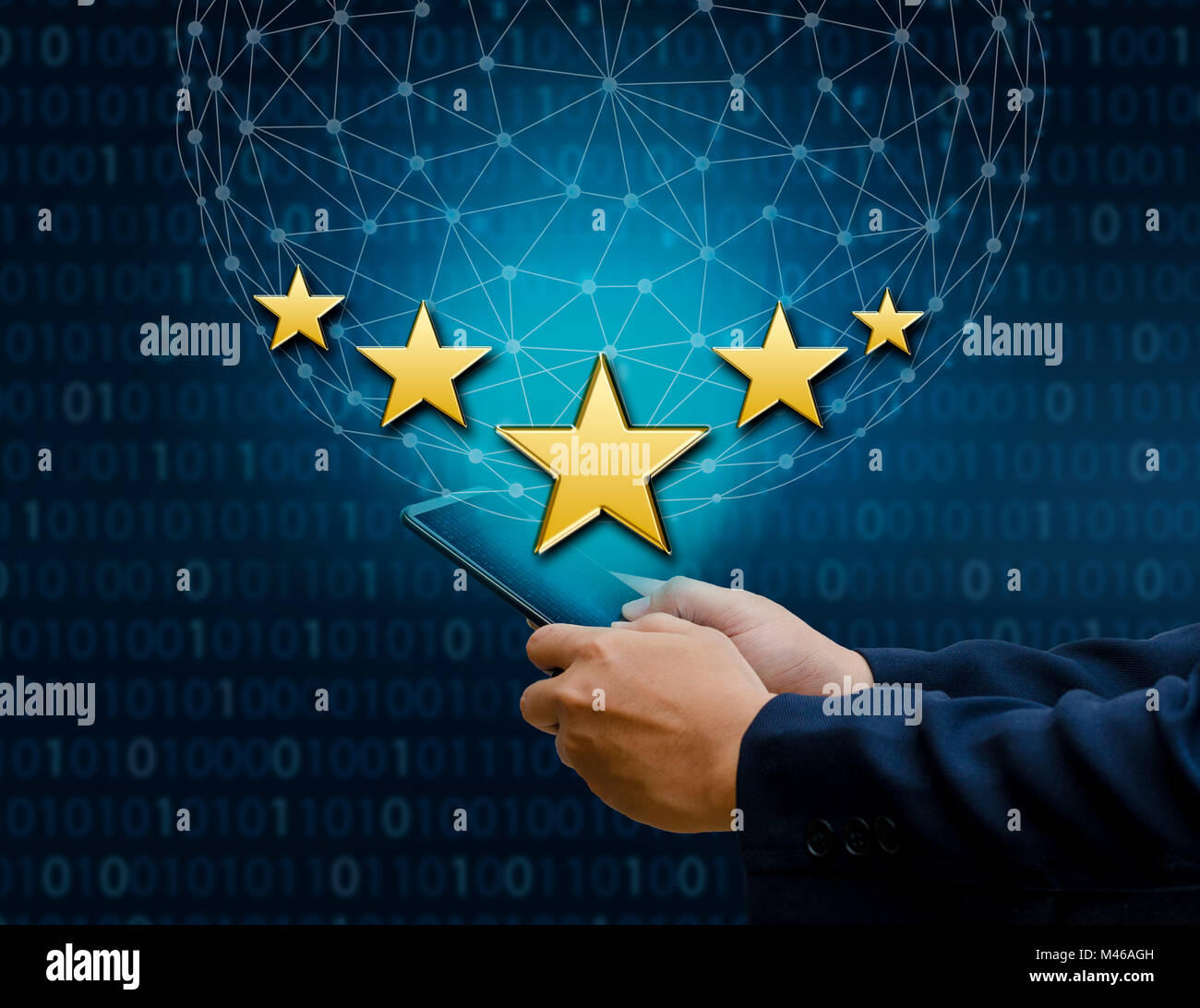 Businessmen pointing five star stars to boost corporate ratings Phone Holder Stock Photo