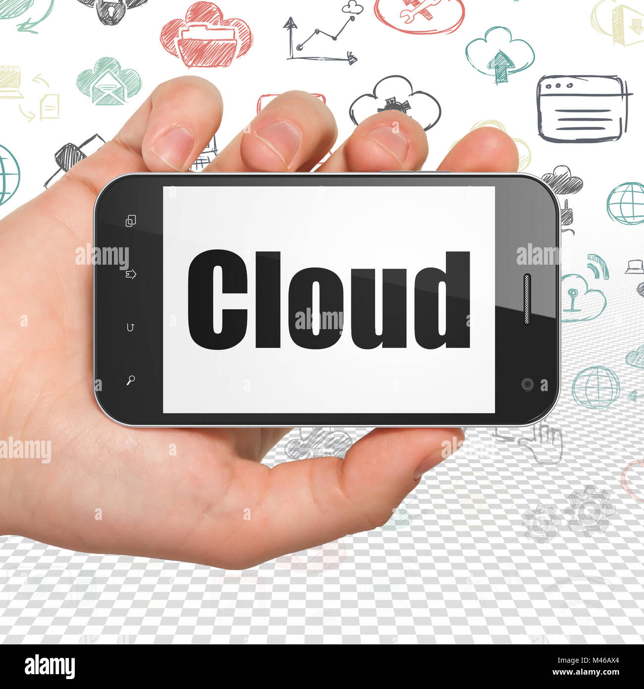 Cloud networking concept: Hand Holding Smartphone with Cloud on display ...