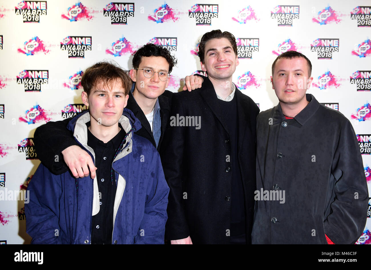 The Magic Gang (Paeris Giles, Kristian Smith, Angus Taylor, Jack Kaye)  arriving for the VO5 NME Awards 2018 held at the O2 Brixton Academy, London  Stock Photo - Alamy